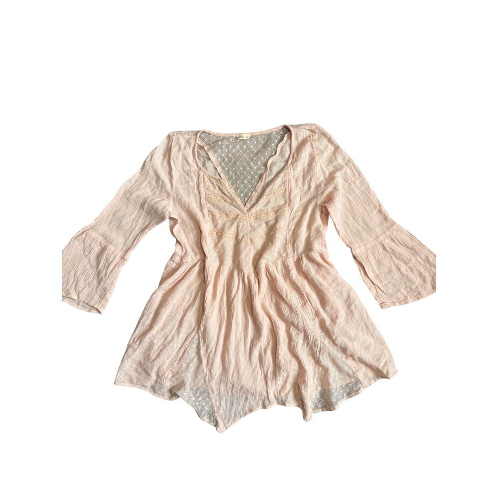 Hollister Pink Lace Mesh Babydoll Tunic Top Bell Sleeve Boho Coquette Small